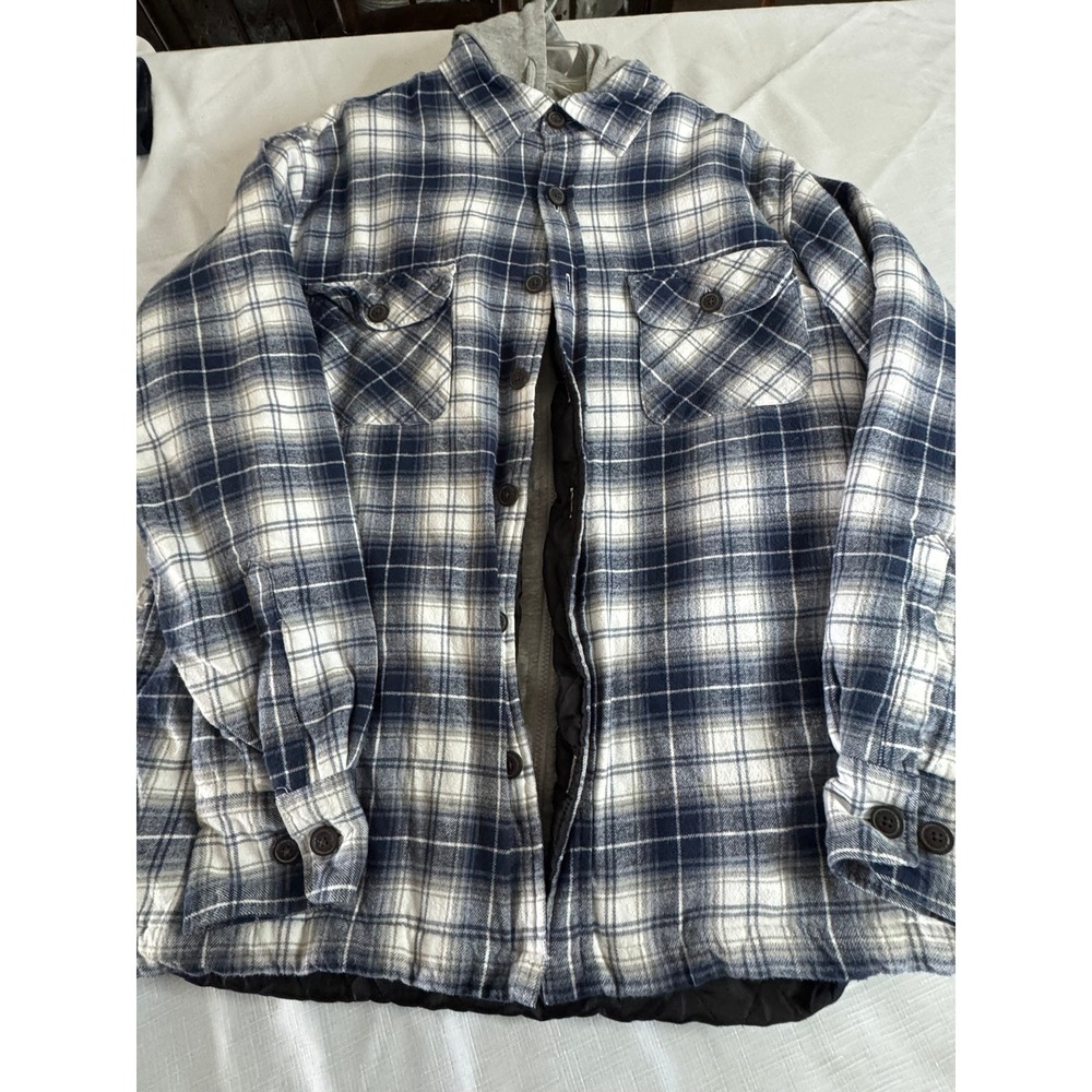 Red Head Mens Blue Plaid Quilted Flannel Hooded Shirt Jacket Large Zip Front L